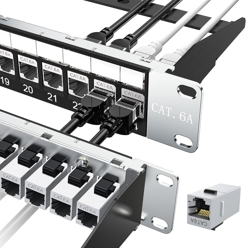 Jadaol لوحة توصيل محمية Cat6A بـ 24 منفذ مدرجة من UL، 19" 1U قابلة للتثبيت على الرف/الجدار مع لوحة RJ45 تمرير مع 24 موصل كاستان محمي مسبق التحميل + 1 احتياطي، تصل إلى 10Gbps، شريط إدارة الكابلات - Image 1